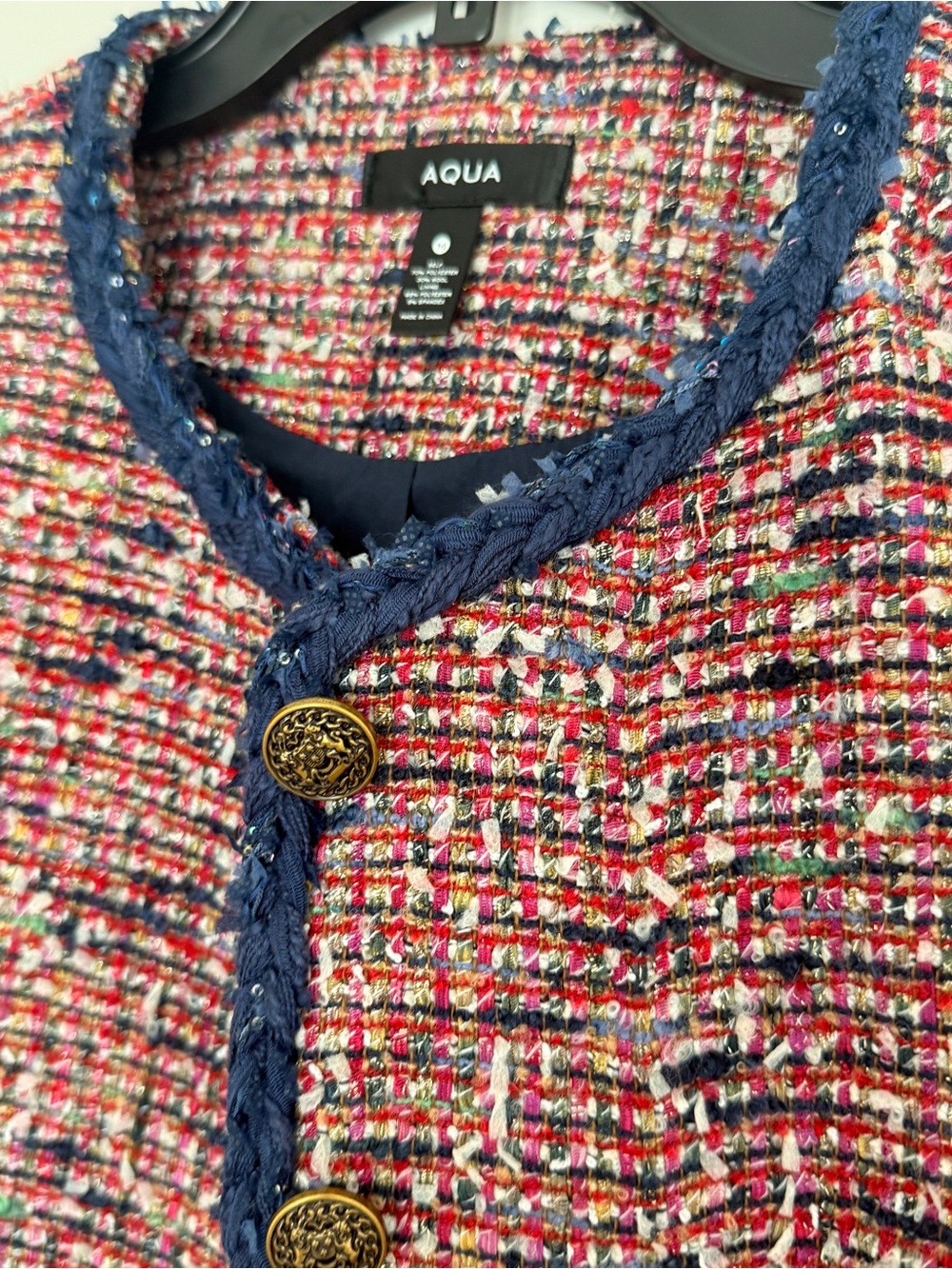 Aqua Multi-Pink Tweed Crop Jacket with Navy Trim - Picture 3 of 5